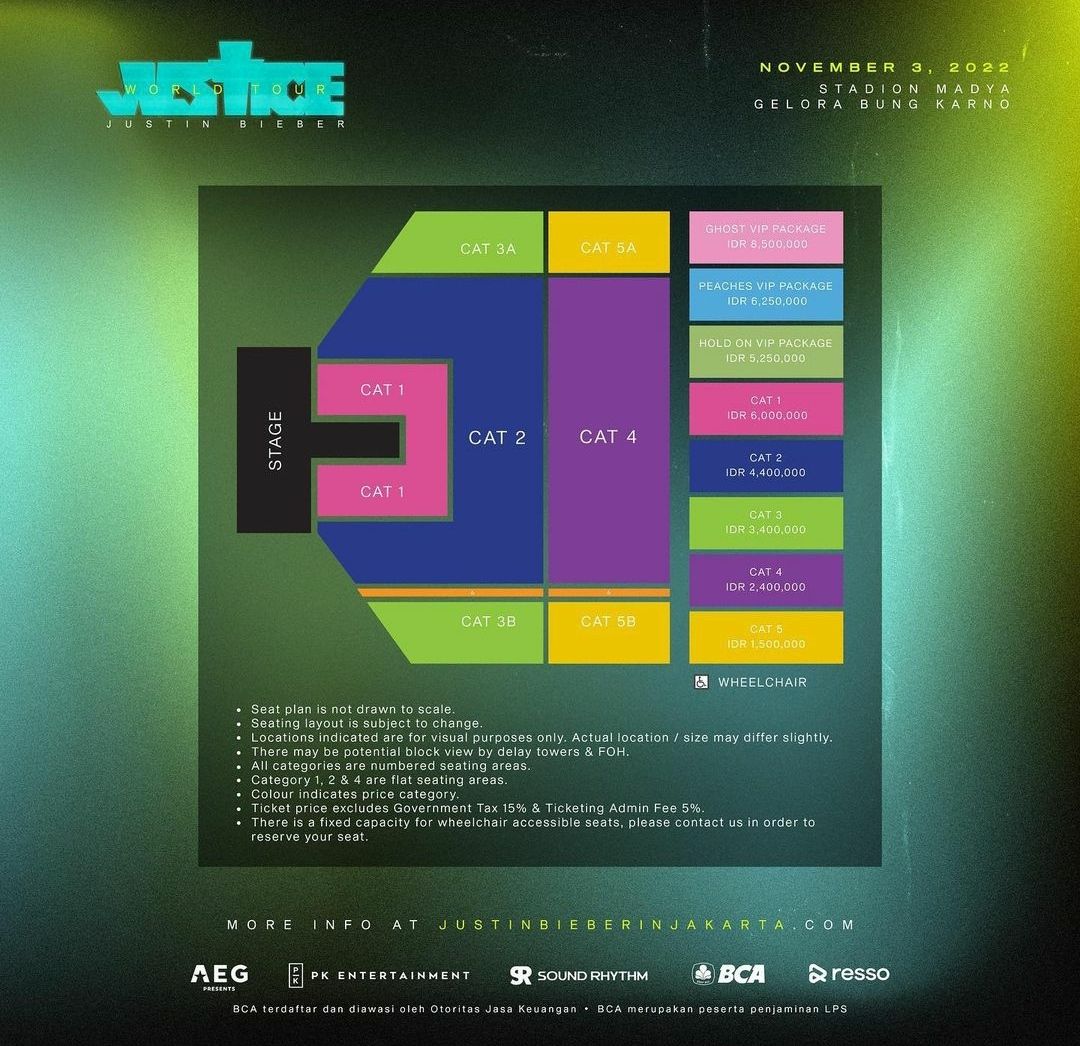 Seat plan dan harga tiket Justin Bieber konser di Justice World Tour