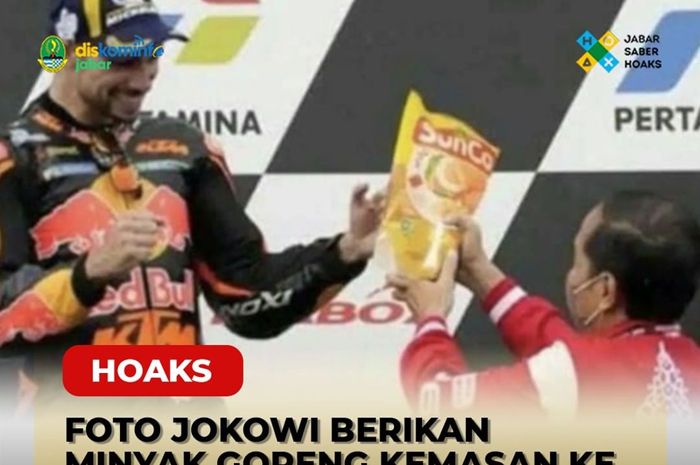 Beredar sebuah foto memperlihatkan Presiden Jokowi memberikan minyak goreng kemasan kepada Pembalap tim Red Bull KTM Miguel Oliveira.