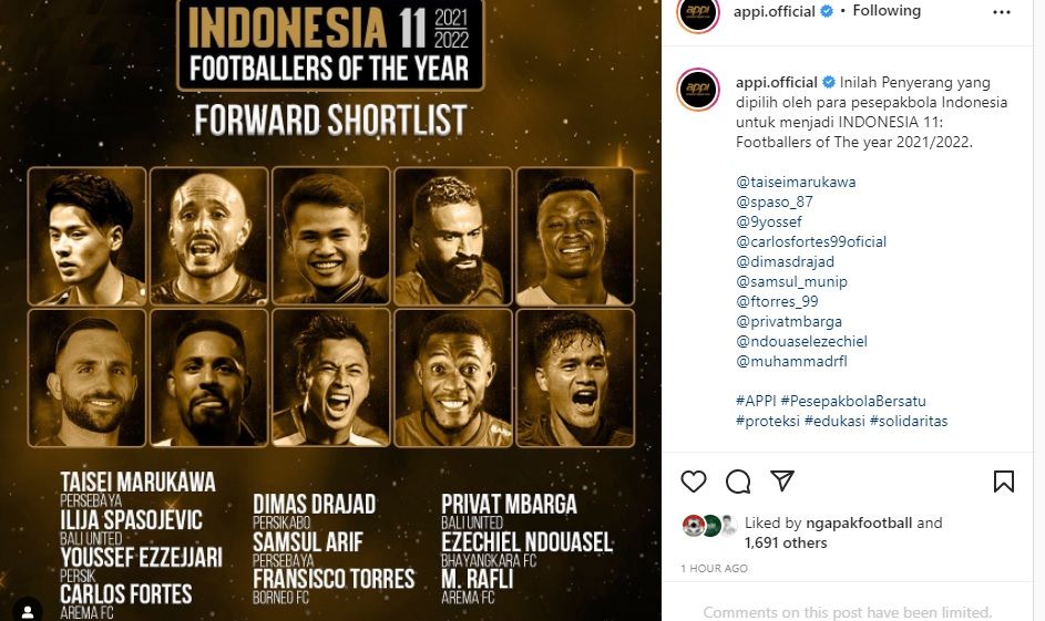 Inilah Penyerang yang dipilih oleh para pesepakbola Indonesia untuk menjadi INDONESIA 11: Footballers of The year 2021-2022