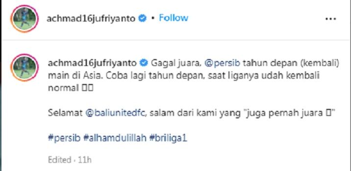 Postingan Achmad Jufriyanto di akun instagramnya yang memberikan selamat kepada Bali United atas pencapaiannya tahun ini.*