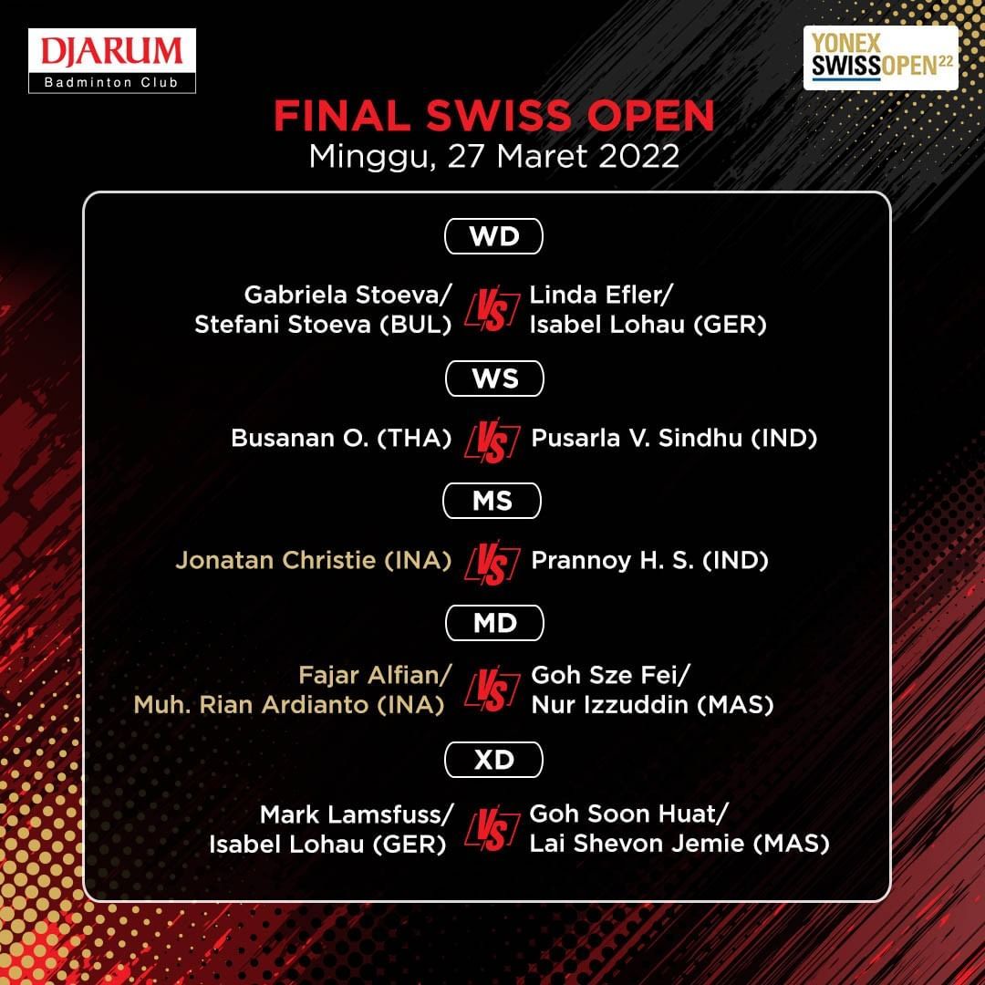 Jadwal Final Swiss Open 2022, Dua Wakil Indonesia Berjuang Raih Gelar Juara