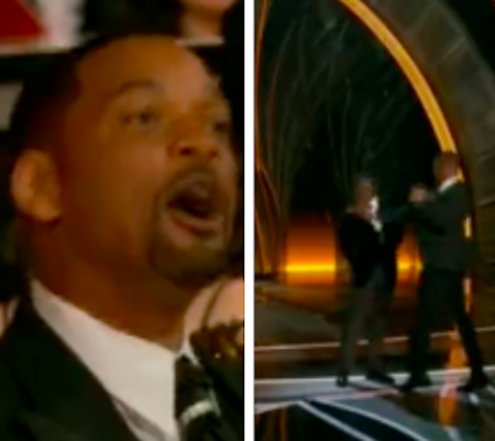 Will Smith berteriak kepada Chris Rock usai menamparnya di atas panggung Oscar, Academy Awards 2022.