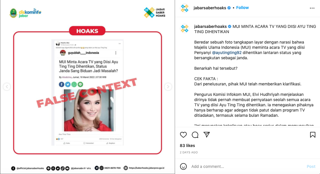 Unggahan Instagram Jabar Saber Hoaks tentang hoaks yang mencatut Ayu Ting Ting dan MUI.