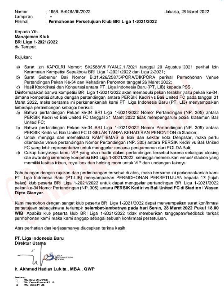 PT LIB meminta ijin kepada 17 klub peserta Liga 1 untuk bisa menggelar laga Bali United vs Persik.