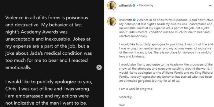 Will Smith minta maaf secara tertulis usai menampar Chris Rock di perhelatan Piala Oscar 2022.