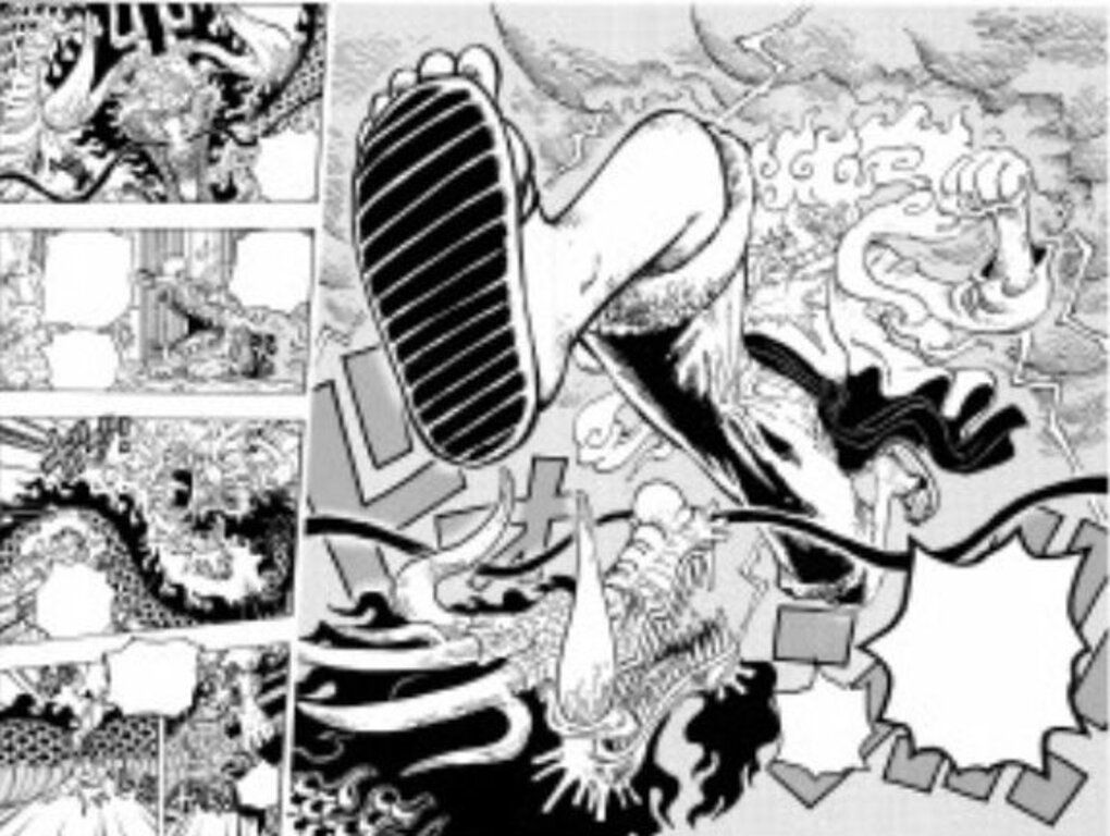 Luffy terkena pukulan Kaidou tapi apa yang terjadi kepalanya terlihat seperti mencair bahkan tidak terlihat wajahnya.