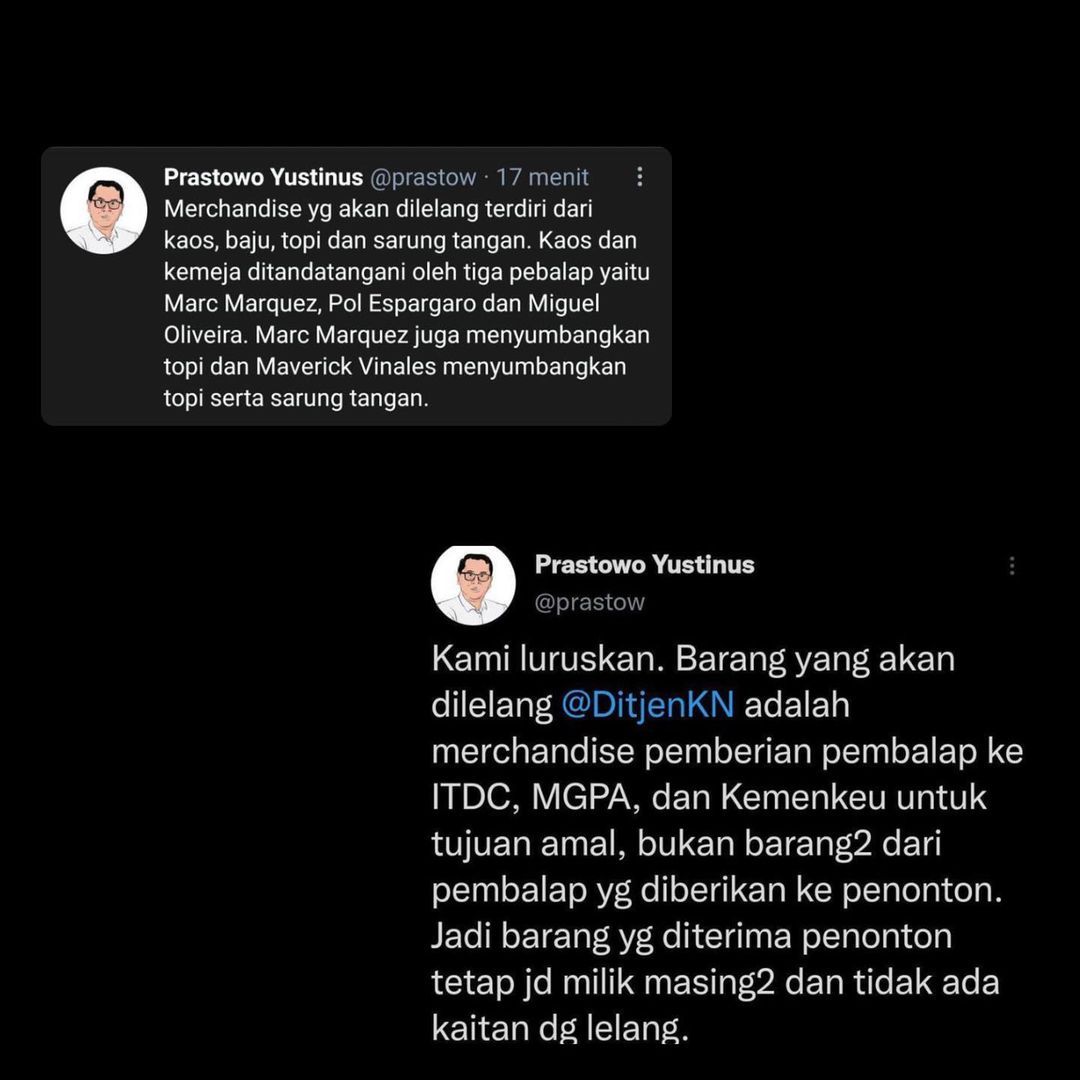 Kolase tweet Prastowo Yustinus mengenai pelelangan barang Pembalap MotoGP Mandalika