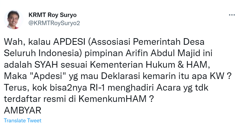 Cuitan Roy Suryo menanggapi deklarasi Jokowi 3 periode oleh Apdesi.