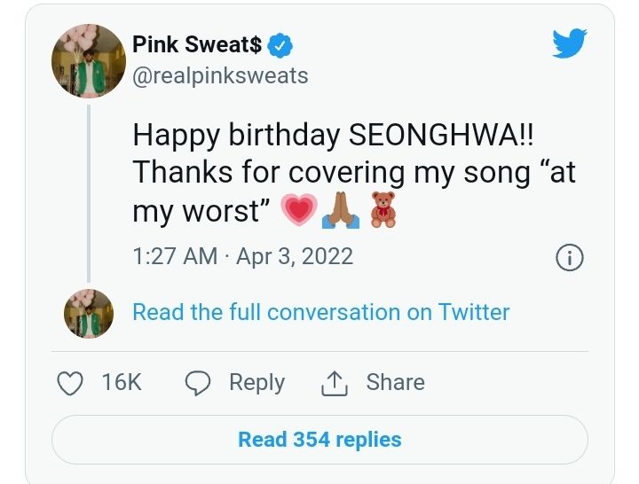 Pink Sweat$ Ucapkan Selamat Ulang Tahun untuk Seonghwa ATEEZ, Ucapkan Terima Kasih Cover Lagu 'At My Worst' 