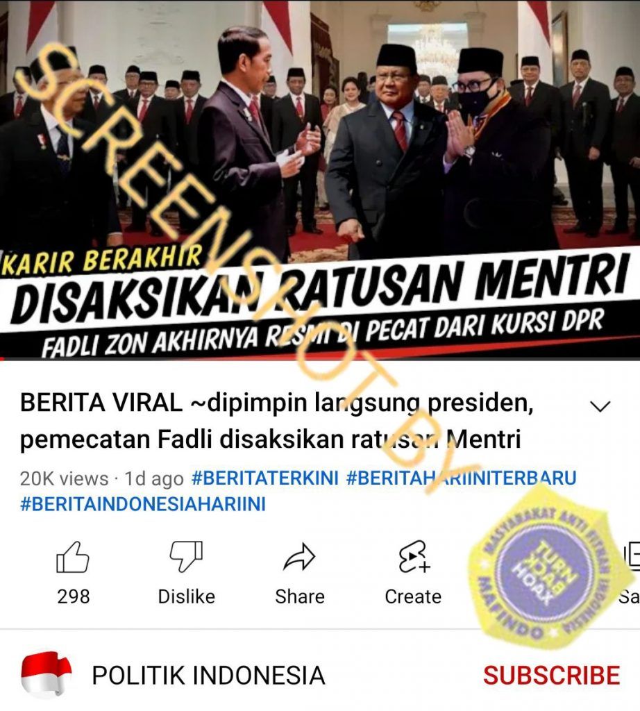 HOAKS - Beredar sebuah video di akun YouTube POLITIK Indonesia. yang menyebut jika Fadli Zon resmi dipecat dari kursi DPR RI.*