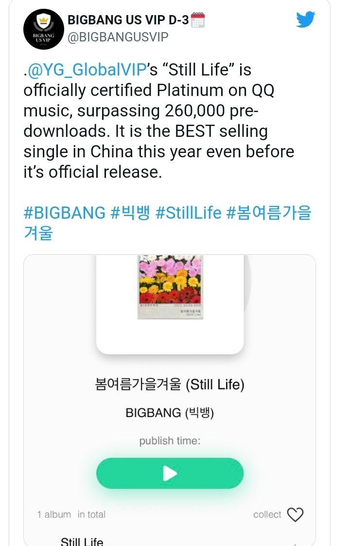 BIGBANG 'Still Life' Jadi Single Terlaris 2022 di China, Hanya 1 Jam Pre Sale Sudah Bersetifikat Platinum!