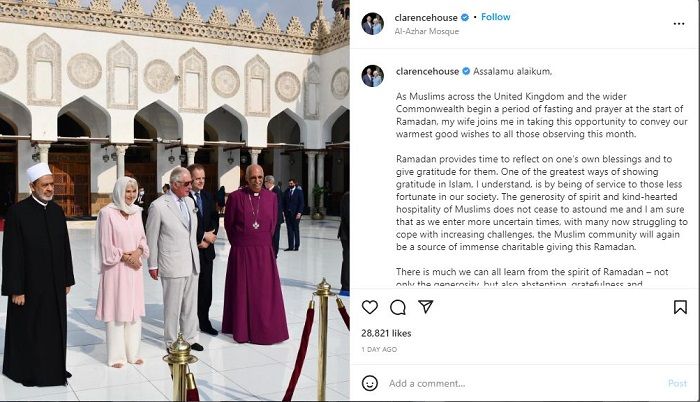 Unggahan Pangeran Charles dan Camilla untuk mendoakan umat Muslim yang mulai mengawali masa puasa di tanggal 3 April 2022,