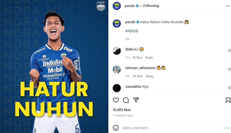 Persib ucapkan terimakasih kepada pemain belakangnya Indra Mustafa yang kini memperkuat Borneo FC./Instagram/Persib.