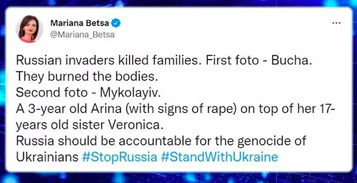 Tangkapan layar cuitan Duta Besar Ukraina untuk Estonia Mariana Betsa