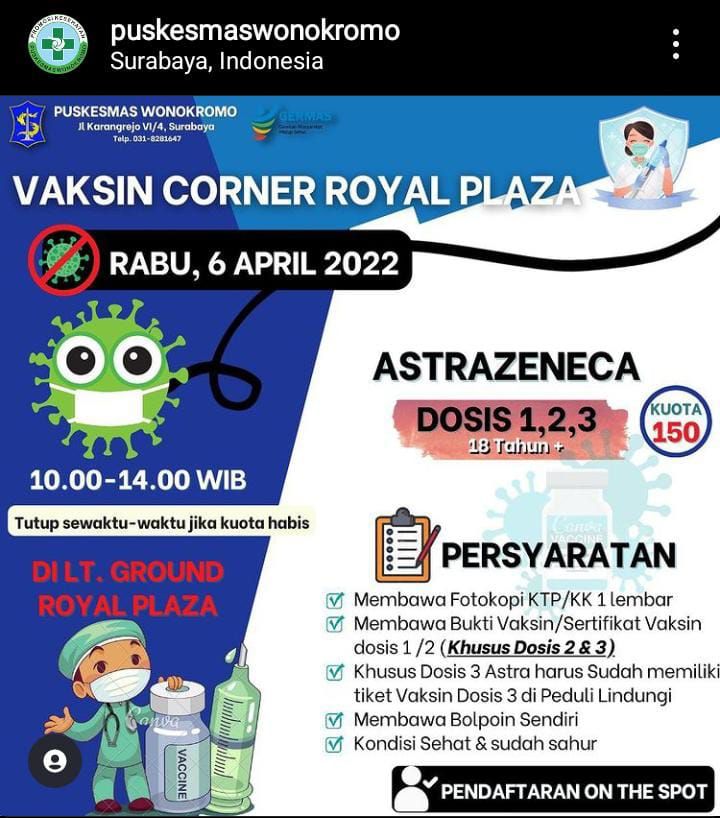Jadwal Vaksin Astrazeneca Dosis 1, 2 dan Booster di Royal Plaza Surabaya 