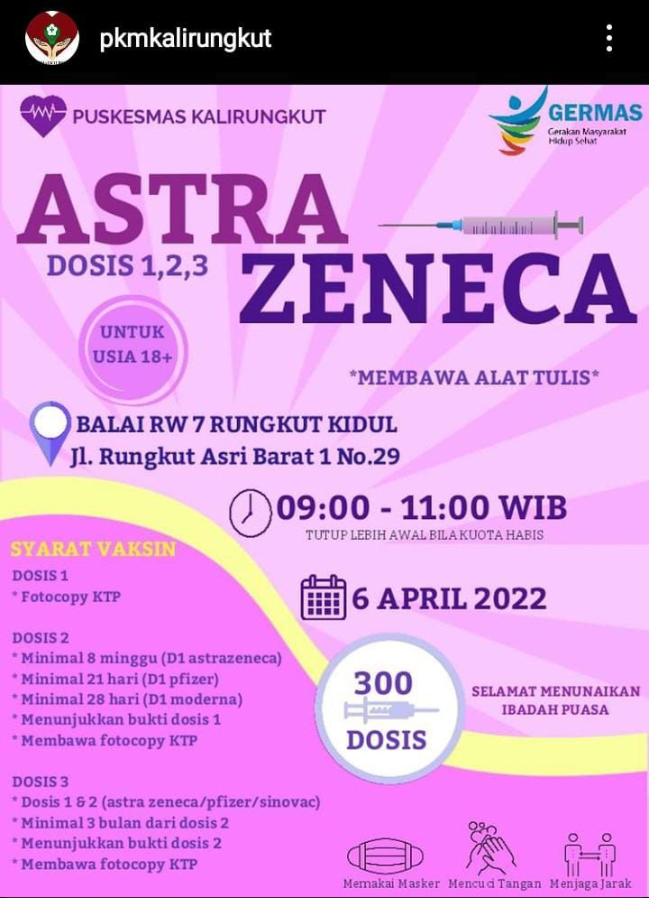 Jadwal Vaksin AztraZeneca di Surabaya untuk Usia 18 Tahun ke Aatas Dosis 1, 2 dan Booster Rabu, 6 April 2022