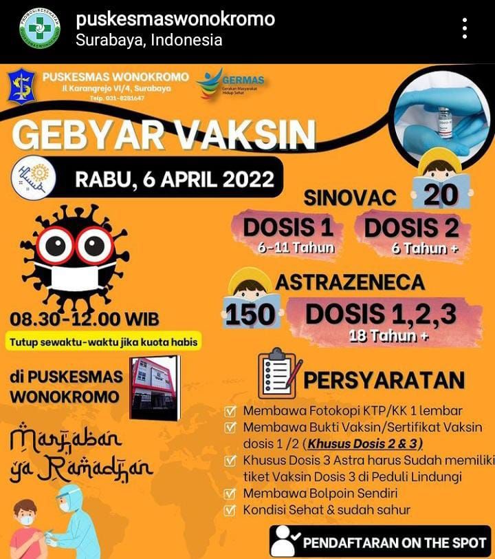 Berikut Jadwal Vaksin Sinovac dan AstraZeneca untuk Dosis 1, 2 dan Booster Rabu, 6 April 2022 di Surabaya