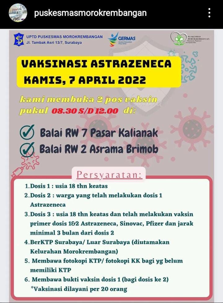Jadwal Vaksin Aztrazeneca Dosis 1, 2 dan Booster di Surabaya Utara, Kamis, 7 April 2022, Simak Syaratnya