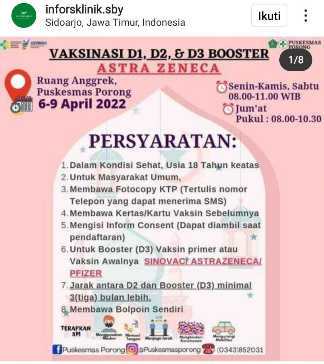 Info Vaksin Dosis 1, 2, Vaksin Booster Astrazeneca di Sidoarjoyang digelar pada 6-9 April 2022. Yuk Cek Jadwal dan Persyaratannya