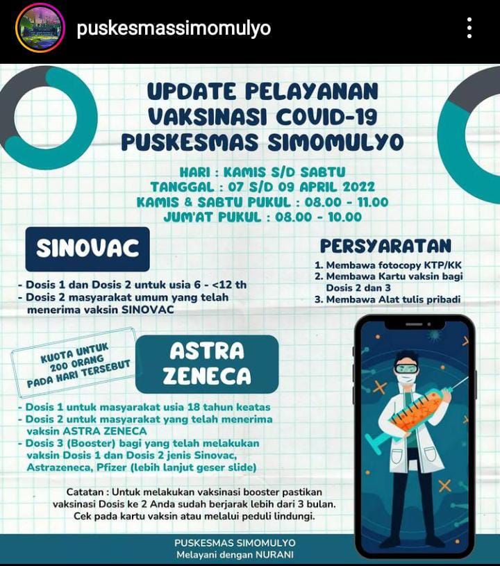 Jadwal Vaksin Sinovac dan Astrazeneca Dosis 1, 2 dan Booster 7 - 9 April 2022 di Surabaya