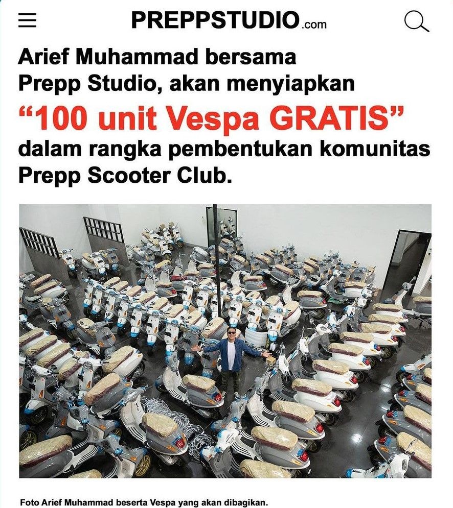 Gegara ingin bikin komunitas Prepp Scooter Club, Arief Muhammad bagi-bagi 100 Vespa gratis 