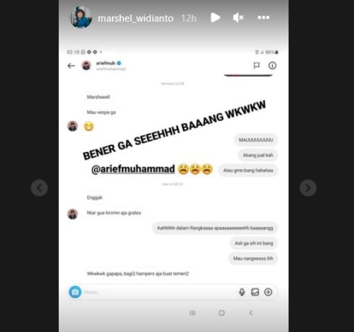 Tangkapan chat Marshel Widianto dengan Arief Muhammad soal vespa gratis