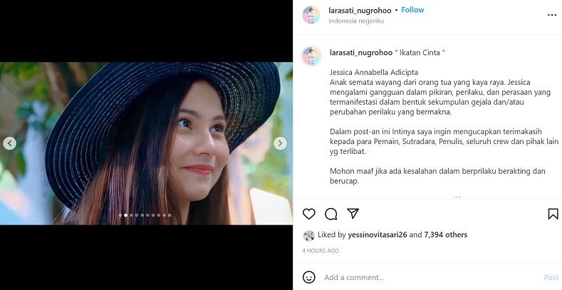 Unggahan perpisahan Jessica Ikatan Cinta, Larasati Nugroho tidak melanjutkan syuting bersama Amanda Manopo dan Arya Saloka./Instagram.@larasati_nugroho.