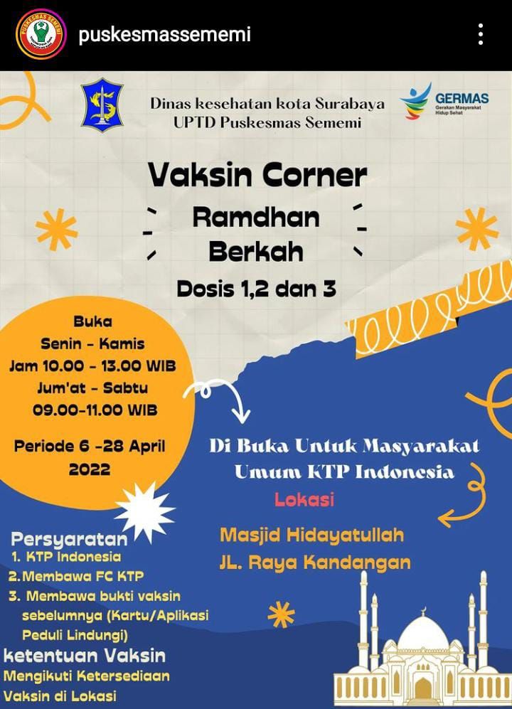 Jadwal Vaksin Corner Ramadhan Dosis 1, 2 dan Booster Mulai 6 - 28 April 2022 di Surabaya, Bebas Untuk Umum KTP Indonesia