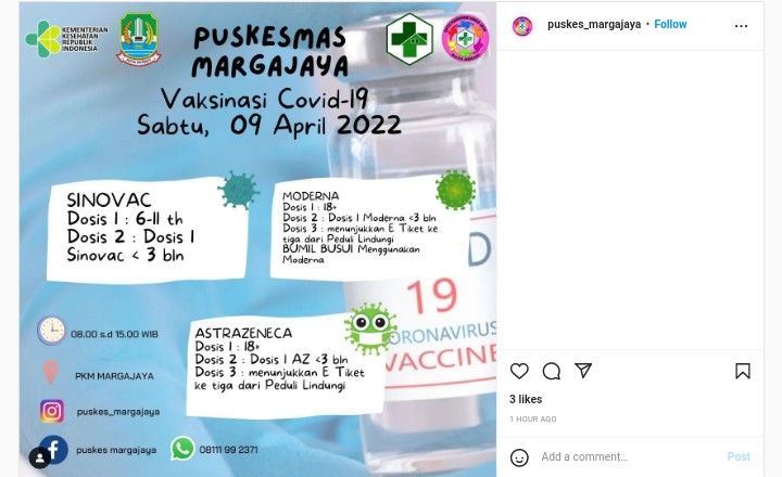 Unggahan Puskesmas Margajaya Bekasi tentang jadwal vaksin hari ini.