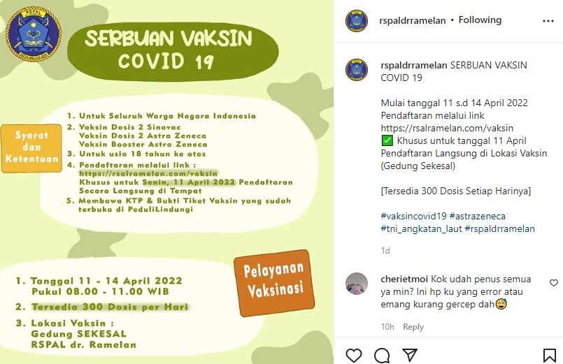 Info Vaksin Dosis 2 dan Booster di RSAL Surabaya, Senin-Kamis 11-14 April 2022, Bebas Domisili