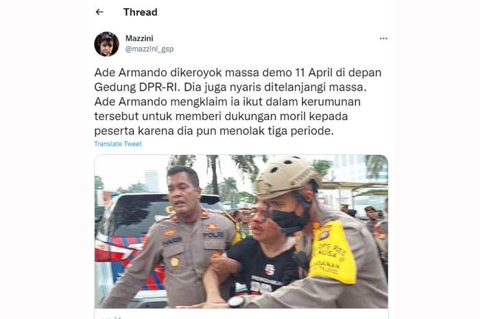 Unggahan seorang warganet mengenai kabar Ade Armando yang menjadi korban pengeroyokan.
