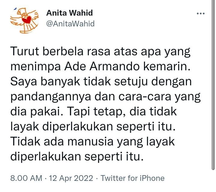 Cuitan Twitter Anita Wahid menanggapi Ade Armando yang dikeroyok oknum massa demo mahasiswa.