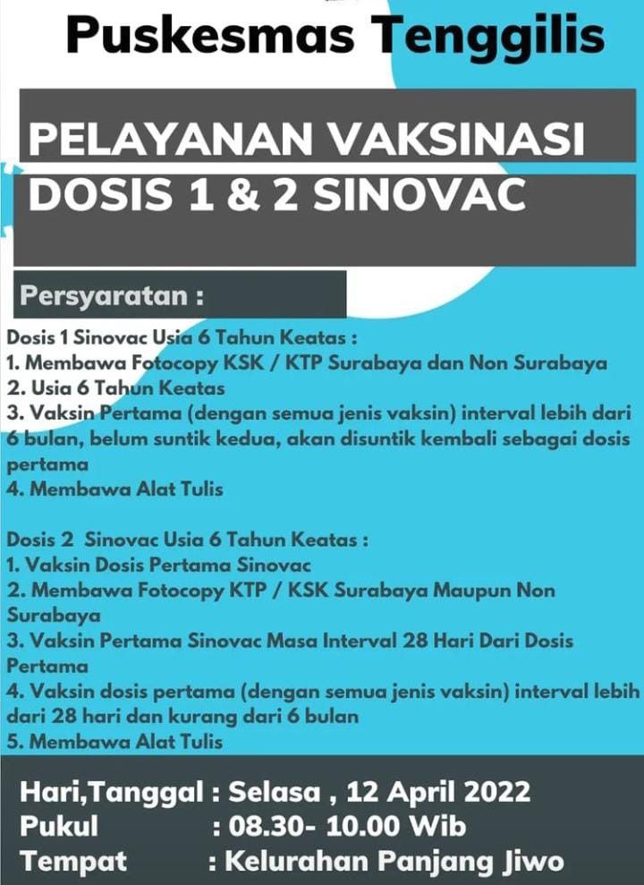 Jadwal Vaksin Sinovac Dosis 1 dan 2 Selasa, 12 April 2022 di Surabaya