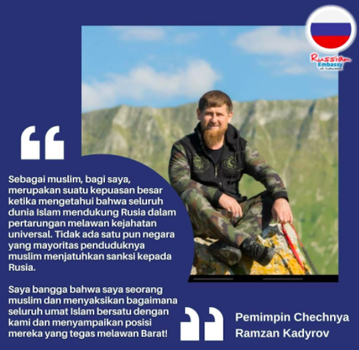Tangkapan layar Instagram Kedutaan Besar Rusia untuk Indonesia yang mempublikasikan tulisan Pemimpin Chechnya Ramzan Kadyrov