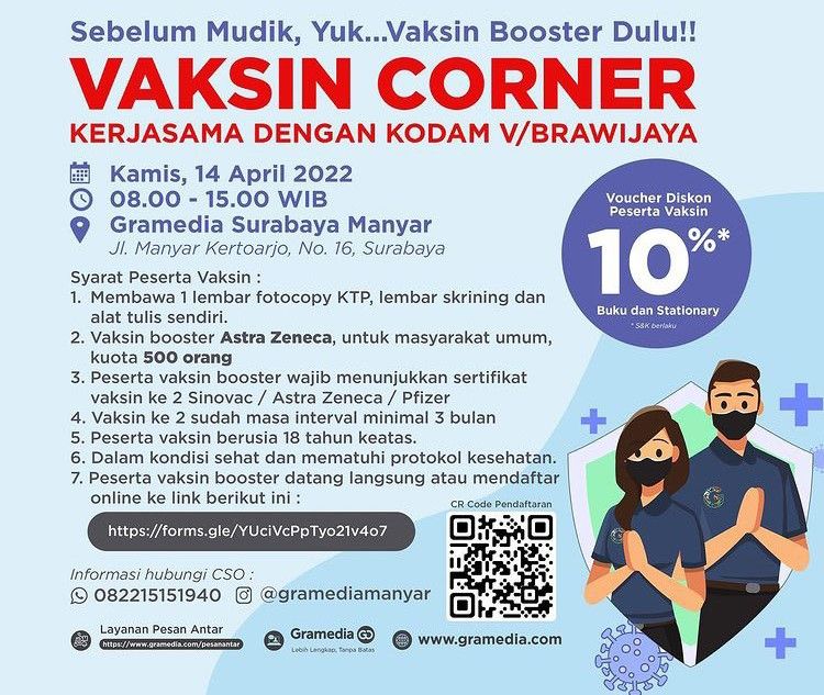 Info Vaksin Booster AstraZeneca di Gramedia Surabaya, Kamis 14 April 2022
