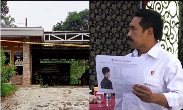 rumah kejadian pembunuhan di Jalancagak, Subang dan sketsa seseorang yang dimunculkan oleh polisi.