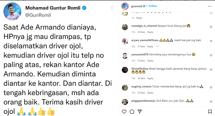 Tangkapan layar unggahan Instagram dan komentar netizen di akun Gun Romli.