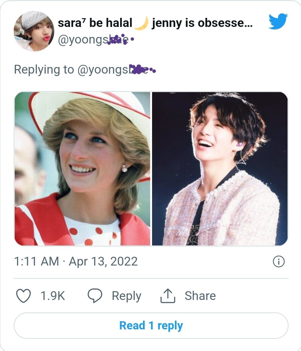 Viral, Jungkook BTS disebut mirip Putri Diana./Twitter/Tangkap Layar Koreaboo