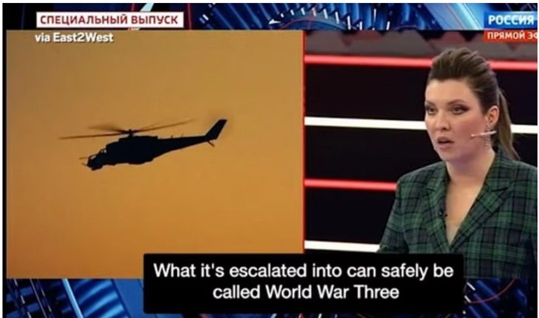 Presenter TV negara Rusia Olga Skabeyeva tadi malam mengklaim bahwa Perang Dunia Ketiga telah dimulai dalam pertukaran acara obrolan yang panas setelah pasukan Ukraina berhasil menenggelamkan kapal utama Laut Hitam Vladimir Putin, Moskva.  