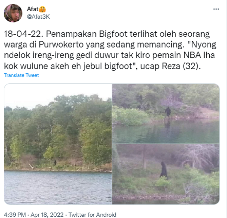 Tangkapan layar unggahan penampakan bigfoot yang diklaim di Purwokerto.