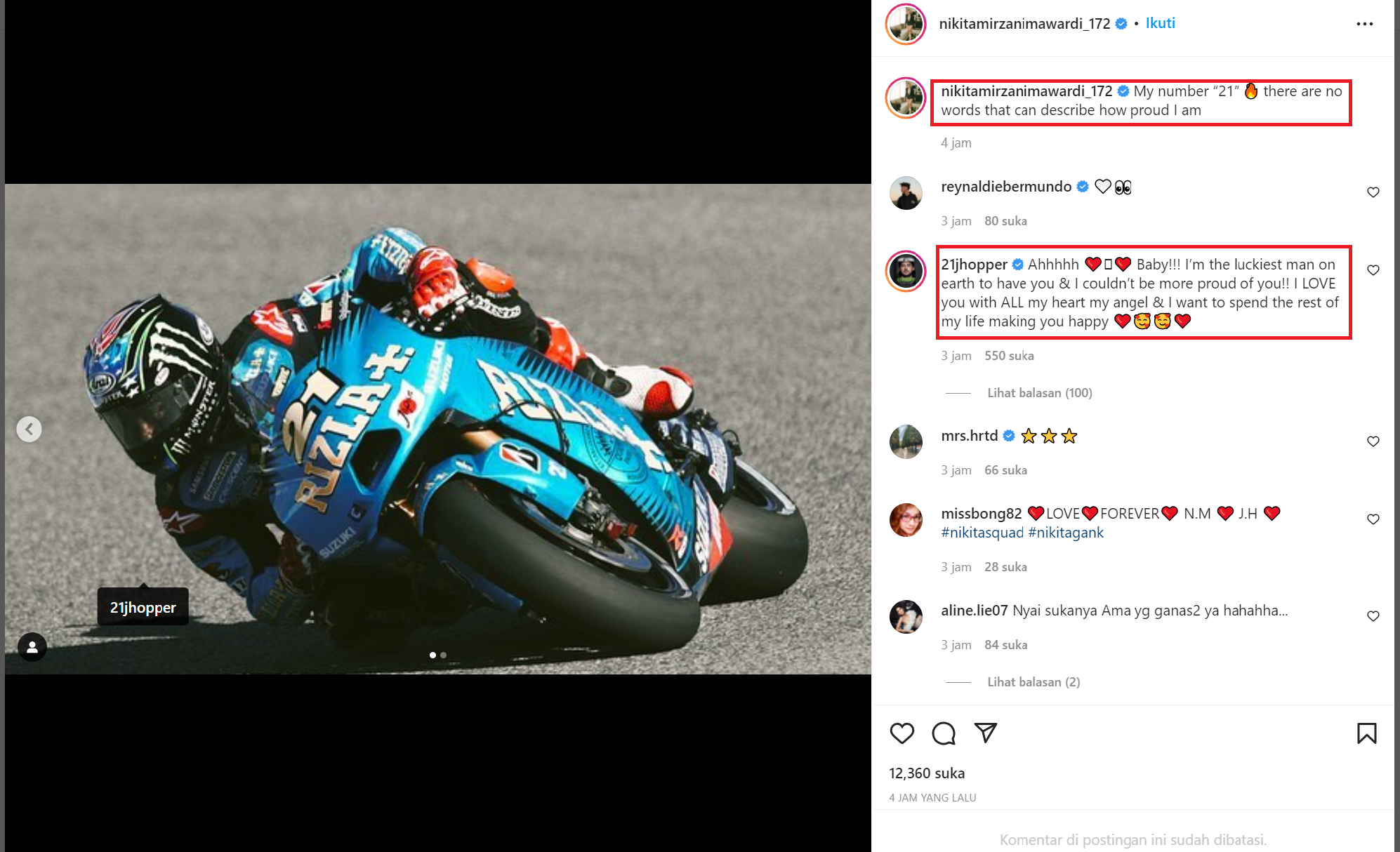 Ungkapan Nikita Mirzani terhadap sang pacar John Hopkins yang begitu mesra di sosmed Instagram