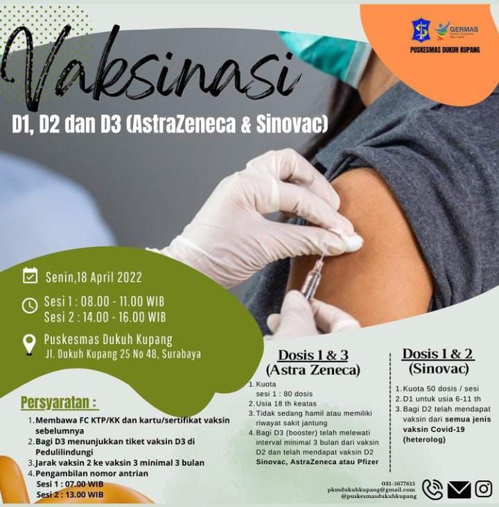 Jadwal Vaksin Sinovac dan Astrazeneca dosis 1, 2 dan Booster yang diadakan Puskesmas Dukuh Kupang Surabaya pada Senin, 18 April 2022.