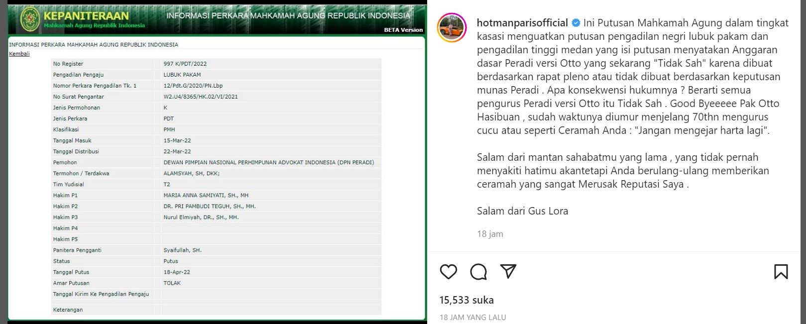 Hotman Pasris Menyoal Pengesahan Kepengurusan Otto Hasibuan di Peradi