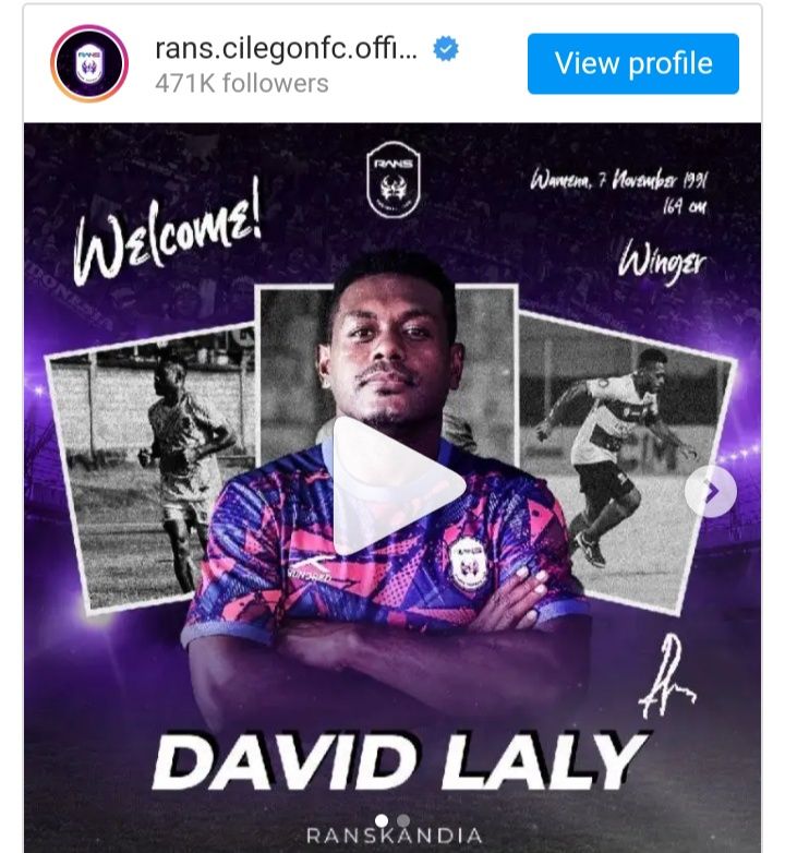 Tim promosi Liga1 Rans Cilegon FC pertunjukan pemain anyarnya David Laly di media sosial Instagram resmi klub