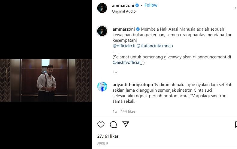 Unggahan Ammar Zoni jelang tampil di Sinetron Ikatan Cinta,/Instagram.@ammarzoni.