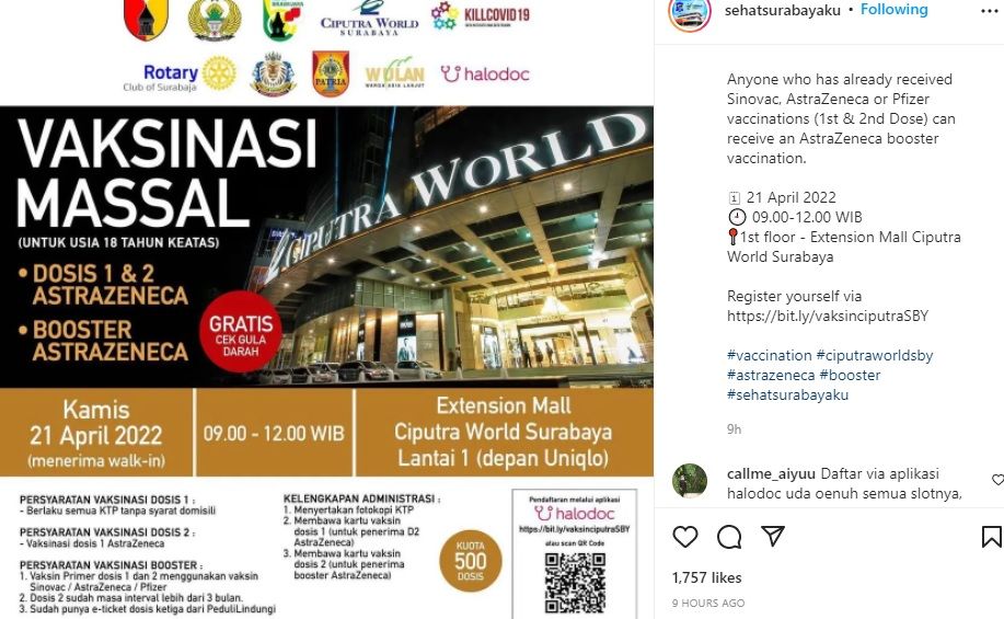 Info Vaksin Booster di Mall Ciputra World Surabaya