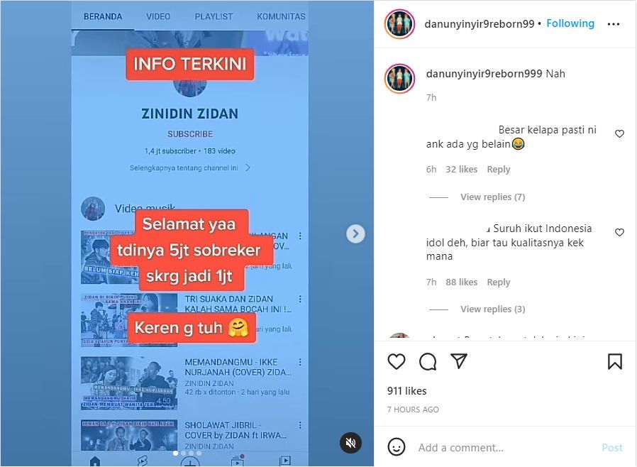 Jumlah Subcribers YouTube Zinidin Zidan Turun Drastis, Imbas Parodi Gaya Bernyanyi Andika Kangen Band