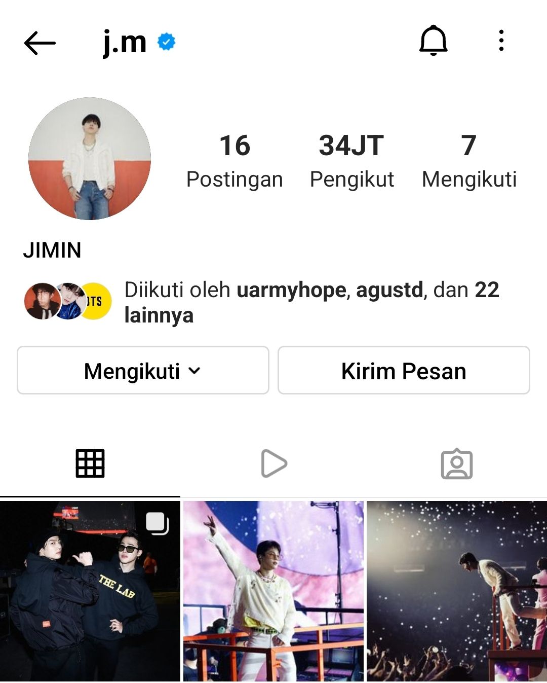 Jimin mengganti nama di Instagramnya dari JIMIN of BTS menjadi JIMIN./Instagram/@j.m