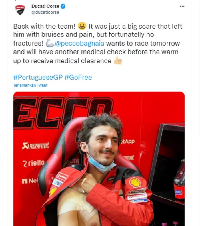 Pihak Ducati mengungkap kondisi terkini Pecco Bagnaia yang mengalami highside.