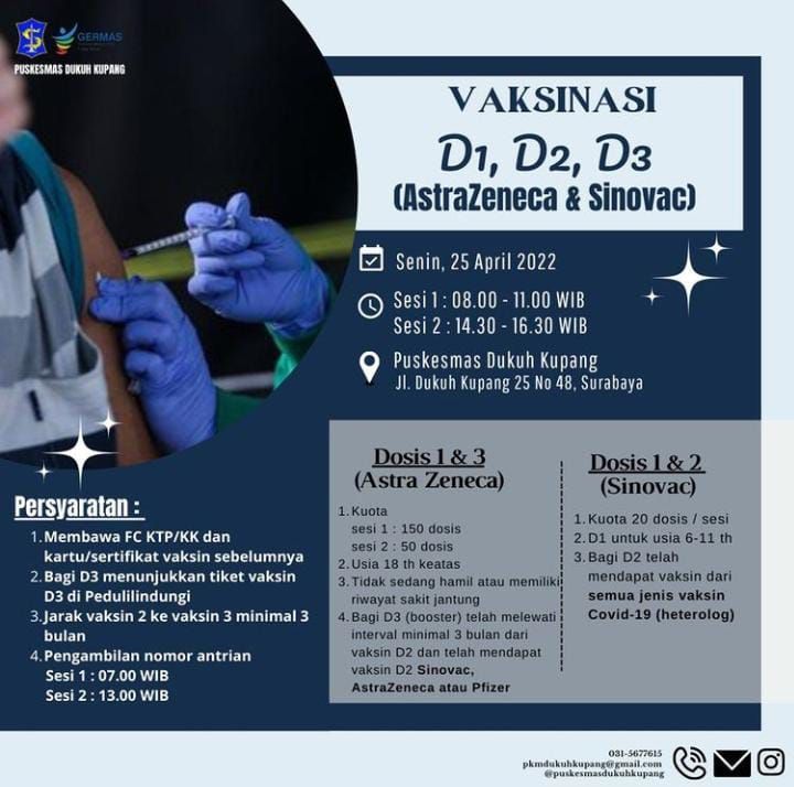 Jadwal Vaksin Dosis 1, 2 dan Booster Senin, 25 April 2022 di Puskesmas Surabaya, Bisa Pagi dan Sore